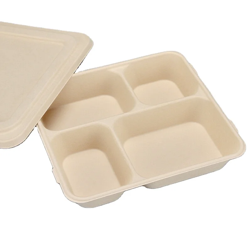 

4 Compartment Tray Eco-Friendly Sugarcane Food Tray Biodegradable Compostable Disposable Paper Lunch Boxes, Black, white, red, green or customized