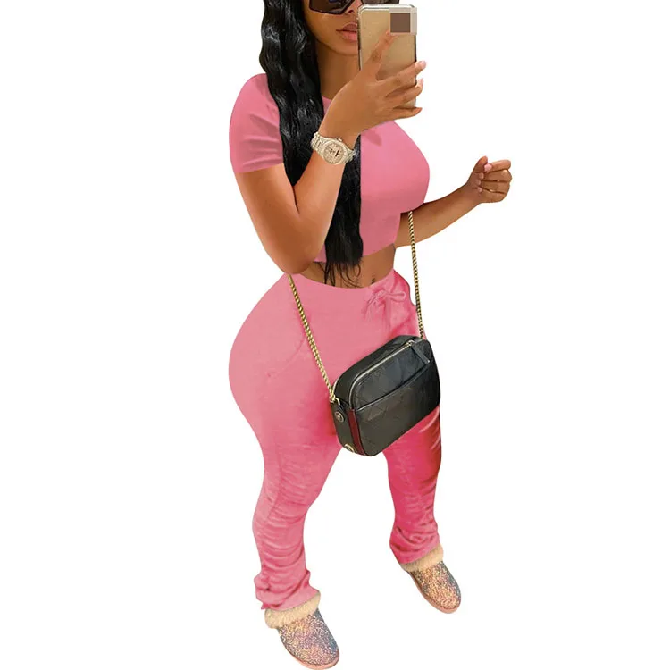 

Crop top stacked pants tracksuit women clothing two piece set, 9 colors