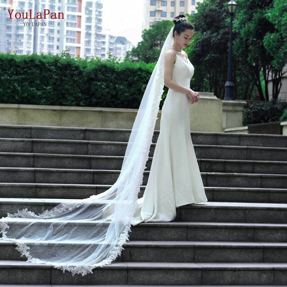 

YouLaPan V82 Newest Design Vintage 3 meter Long One Layer Bridal Veil With Flowers Comb Charming Wedding Veil Lace And Perals, Ivory/white