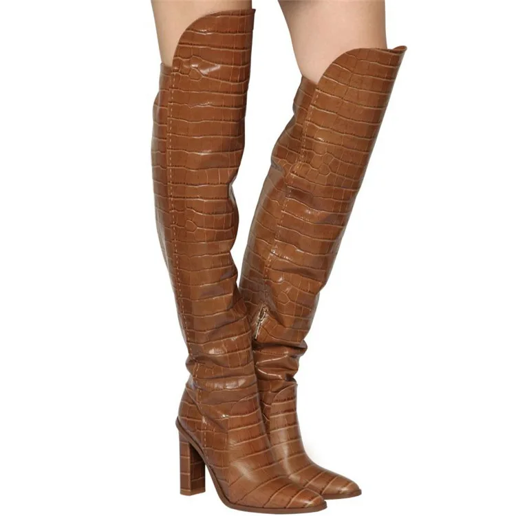 

Large Size Fashion Multi Color Stone Pattern Over Knee High Heeled Boots For Women, White yellow red black purple lake blue dark blue brown
