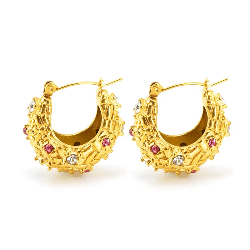Qiuhan Stainless Steel Premium Sense Inlaid 18K Vacuum Plated Gold Earring Zircon Personality Delicate Hoop Earrings