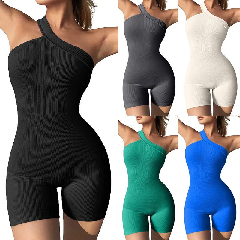 

Women Gym Jumpsuit Romper One Shoulder Sports Ribbed Seamless Bodysuit Workout Fitness One Piece Yoga Jumpsuits