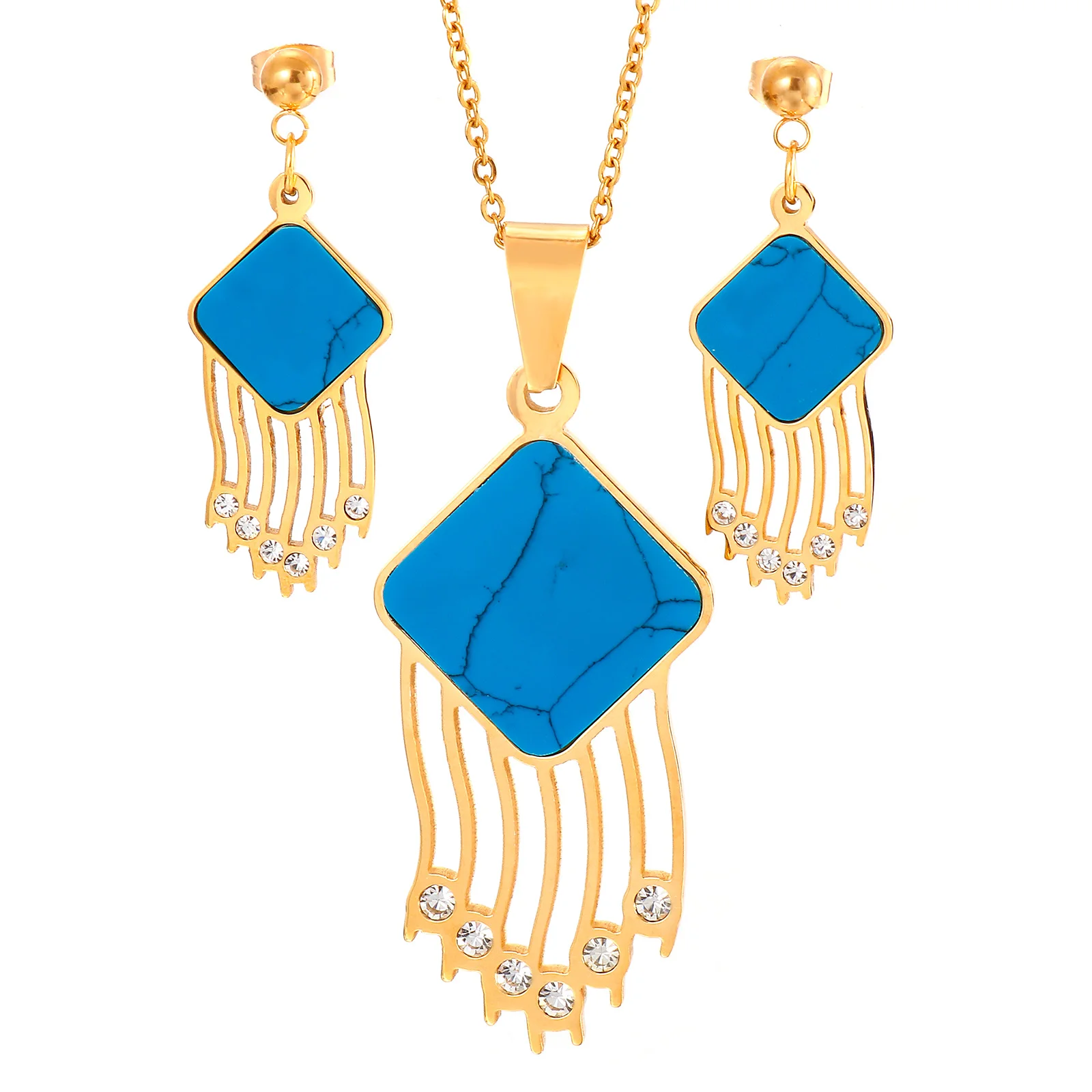 

Retro Lucky Stainless Steel Fixed Tassel Necklace And Women Earrings Party Jewelry Set