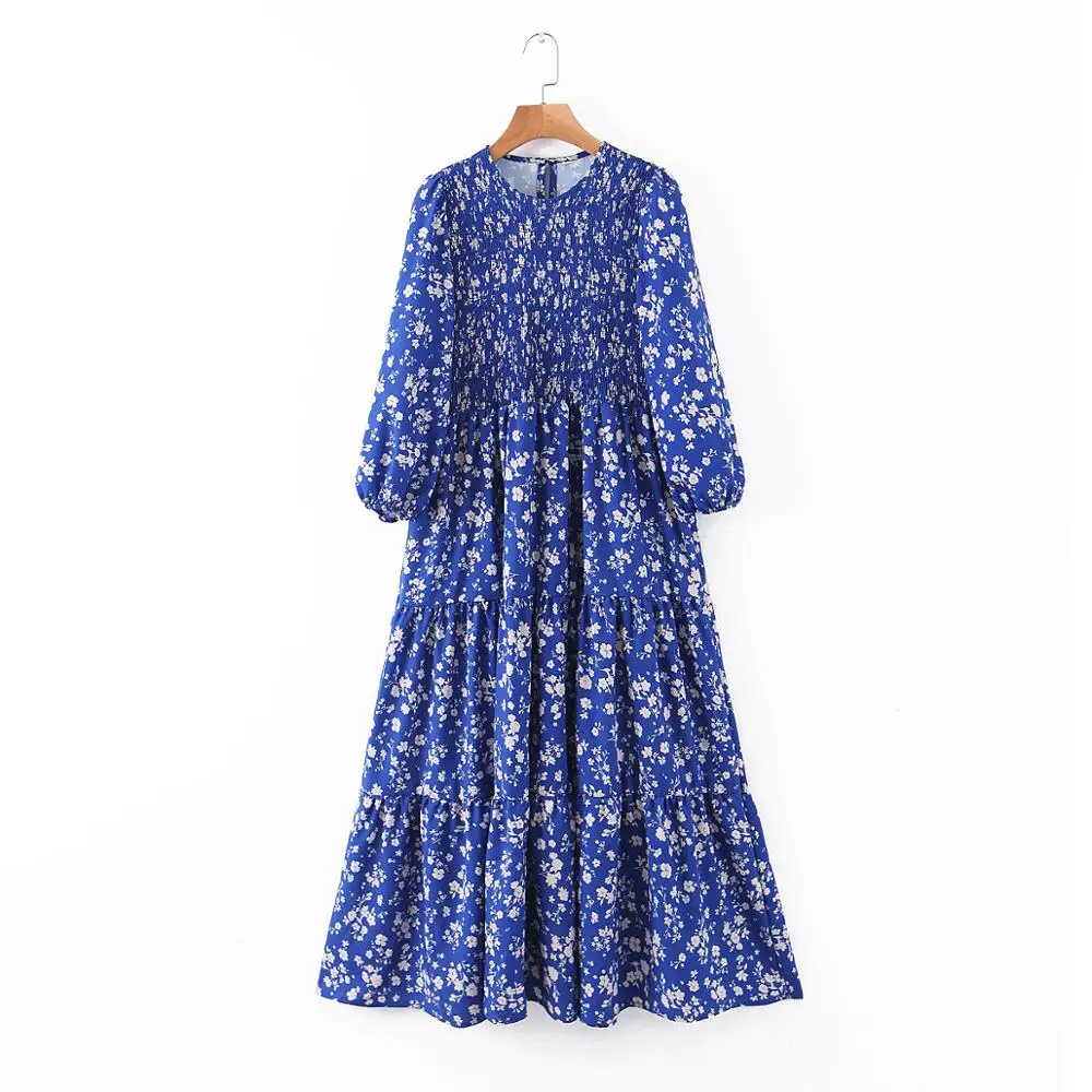 

Blue color floral print elastic bust lantern sleeve women summer casual dresses clothes