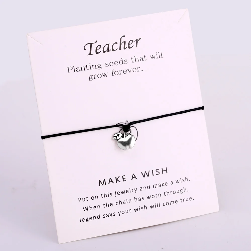 

Manufacturer Wholesale Teachers' DAY Gift Silver Tone Teach Apple Charm Make a Wish Card Bracelets for Teacher, Multi-colors/accept custom colors