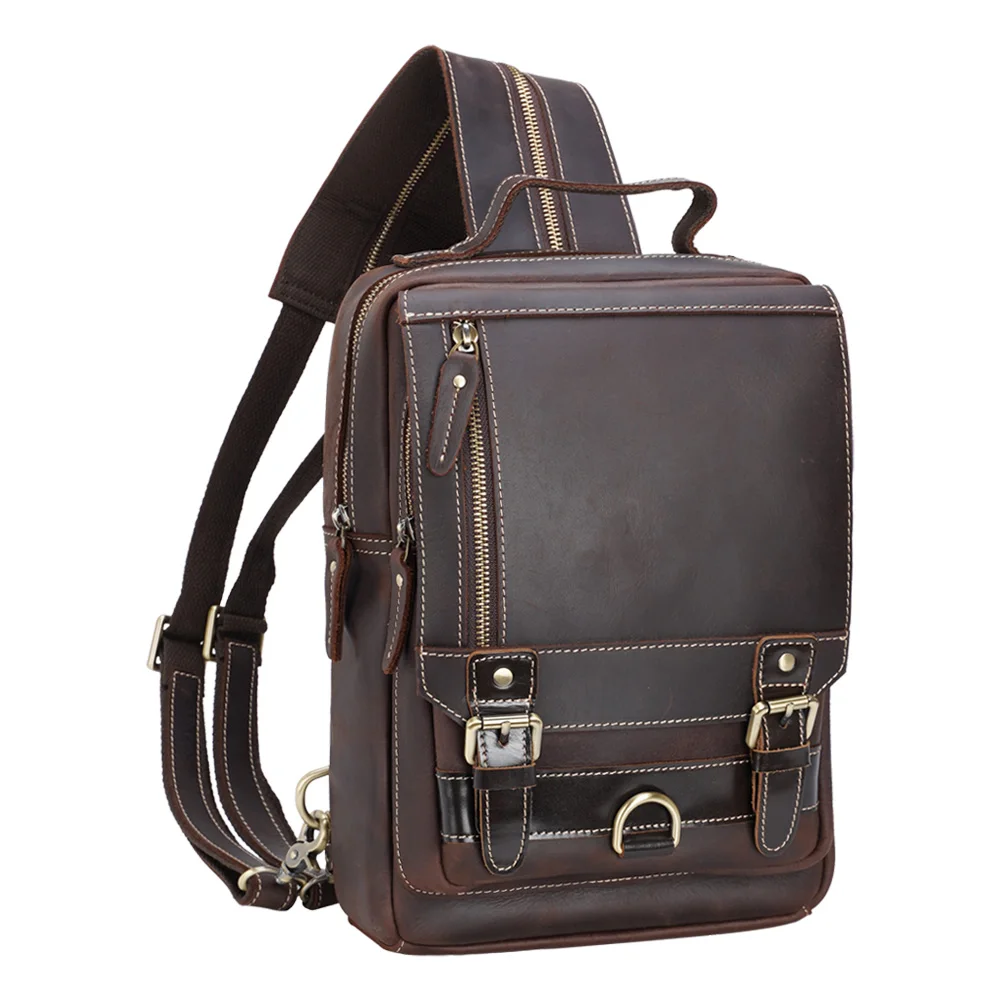 

TIDING Retro Men Custom Cow Leather Business Single Strap Backpack School Outdoor Travel Sling Backpack Bag, Customized color