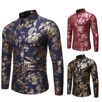 

Autumn Clothing Men's Shirts Long Sleeve Floral Printed Shirt Vintage Elegant Gold Foil Shirt