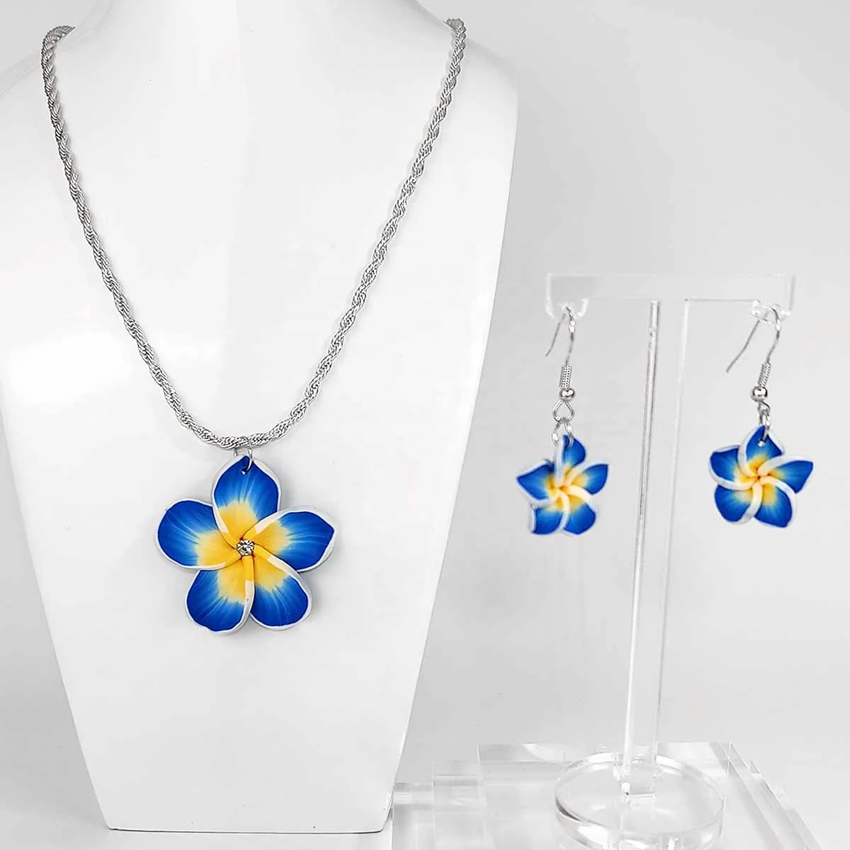 

shuiin polymer clay plumeria flower earrings and necklace sets with 3mm silver rope chain polynesian hawaiian jewelry wholesale