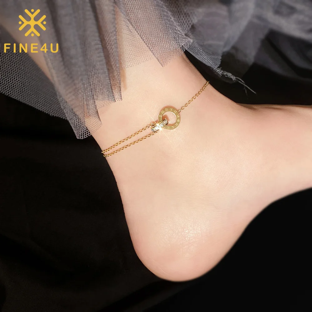 

Luxury Non Tarnish 18K Gold Plated Double Ring Roman Numeral Stainless Steel Women Fine Jewelry Anklets