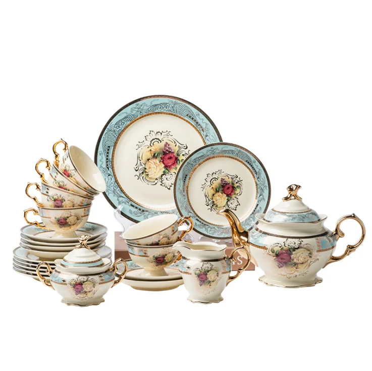 

Luxury Europe Style Gold design bone china coffee set tea cup saucer set 24 pcs porcelain tea set, Gold rim