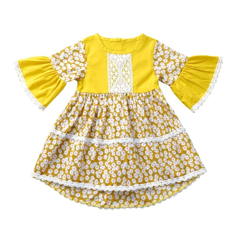 

B24486A Little Girl floral dress trumpet sleeve princess dress, Yellow