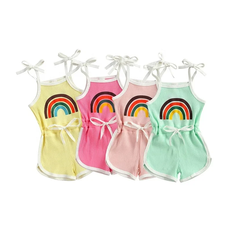 

Toddler Baby Girls Sleeveless Rib Rompers Rainbow Printed Ribbed Knit Jumpsuit Off shoulder Suspenders One-piece Jumpsuit, As picture