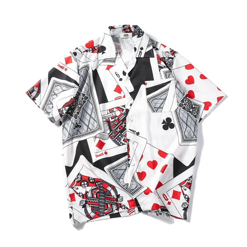 

Beach resort chic covered with poker printed short sleeve casual shirt, The picture color