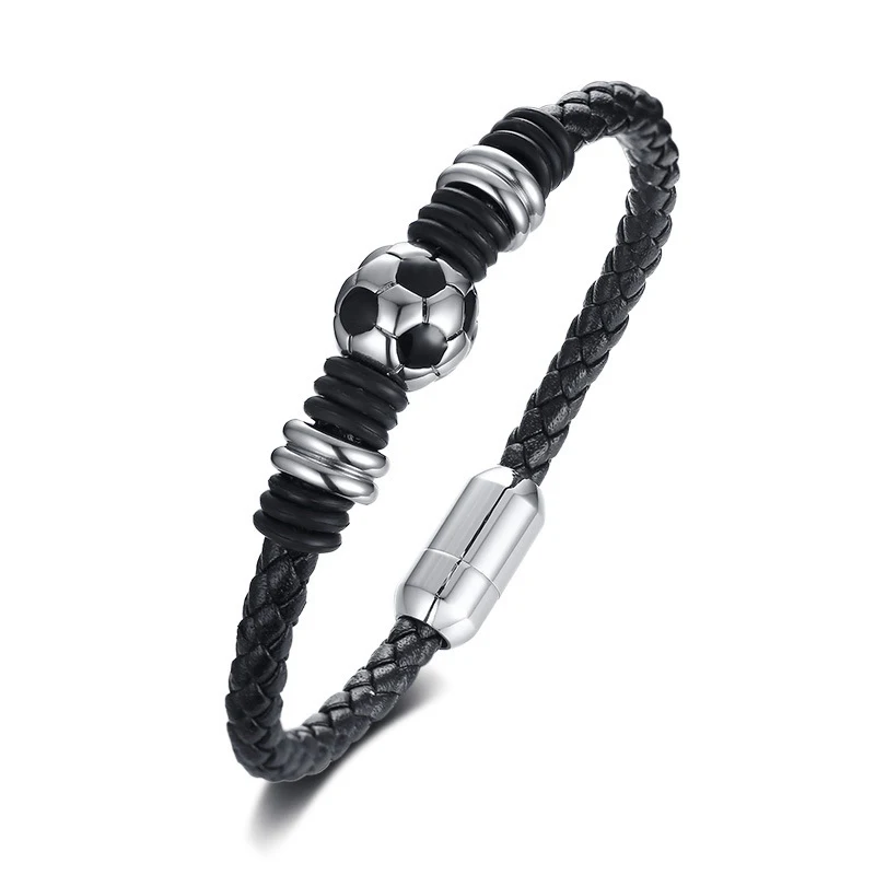 

Dr. Jewelry Best Quality Magnetic Clasp Stainless Steel Football Sports Genuine Leather Men Bracelet, Black