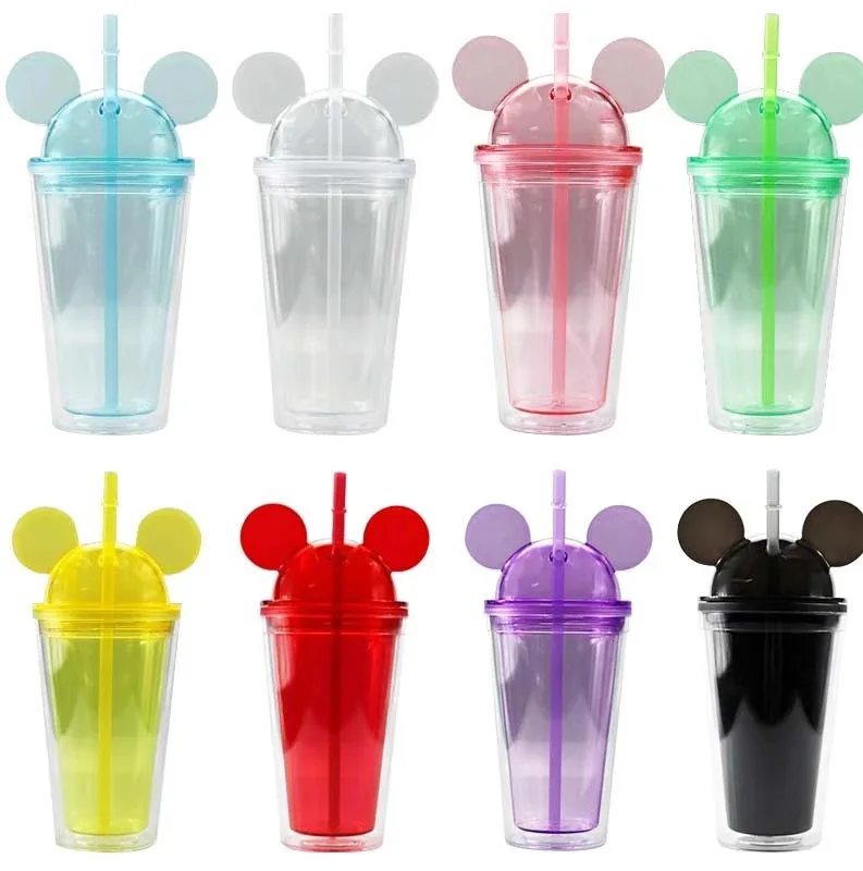 

RTS 16oz 450ml Acrylic mouse ears tumblers colors double wall mickey mouse tumbler with plastic straw in stock, Clear