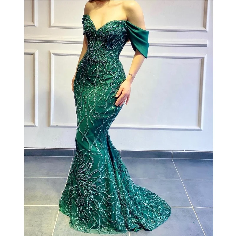 

Sexy Women Party Dress Off Shoulder Beading Lace Custom Made Green Evening Dresses, As picture