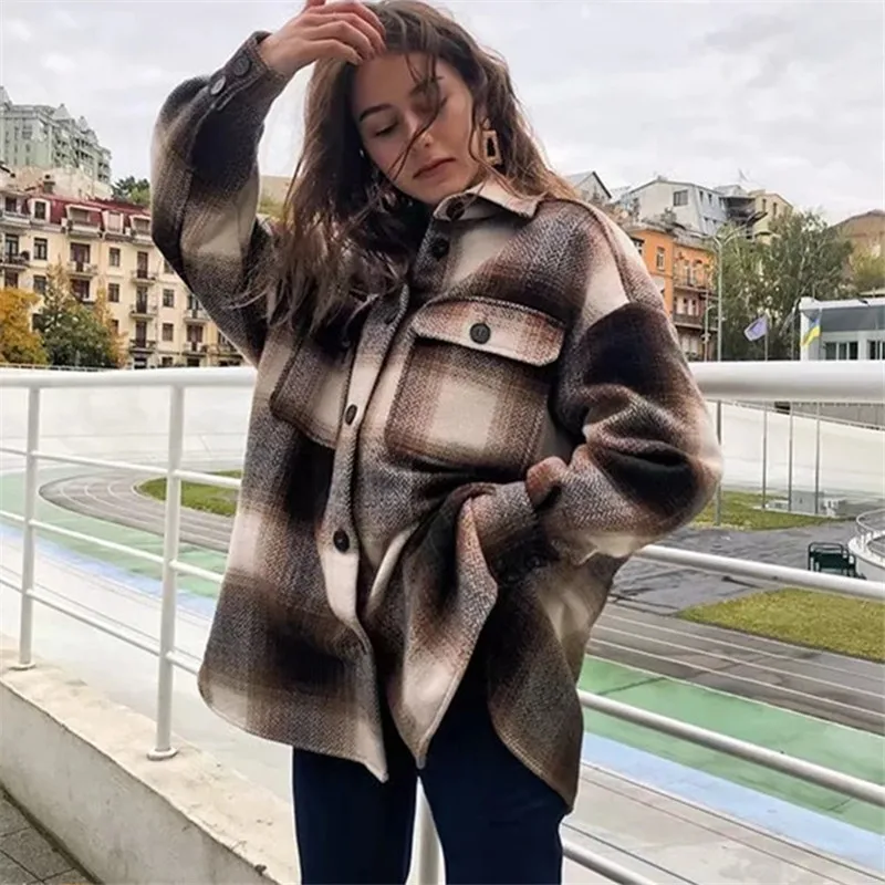 

2021 Fashion women's plaid loose coat mid-length woolen shirt, Picture