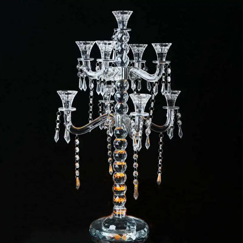 

Factory Hot Sale French Crystal Clear Candle Holders 9 Arms Glass Candelabra Wedding Decoration