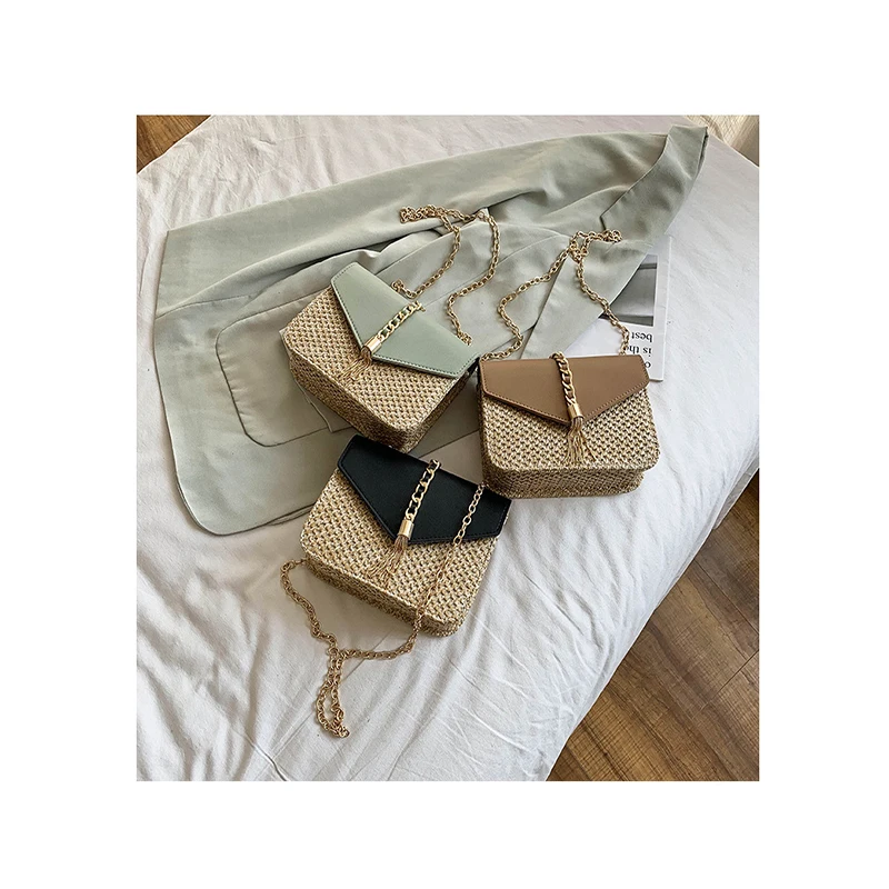 

Female Leisure Straw Bag Tassel Chain Women Small Square Purse 2020 Summer Beach Shoulder Bags Simple Wild Woven Crossbody Bag
