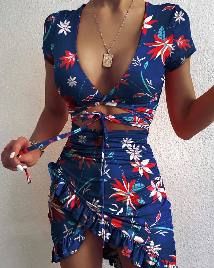 

Floral Print Fashion Tie Up Wrap Mini Dress 2020 Summer Ruffles Sundress Ruched Short Sleeve Women's Dress