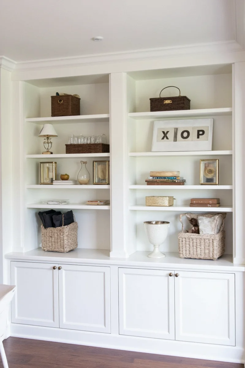 Christmas holiday decorating a white built-in bookcase with ornaments, stockings, and family photos