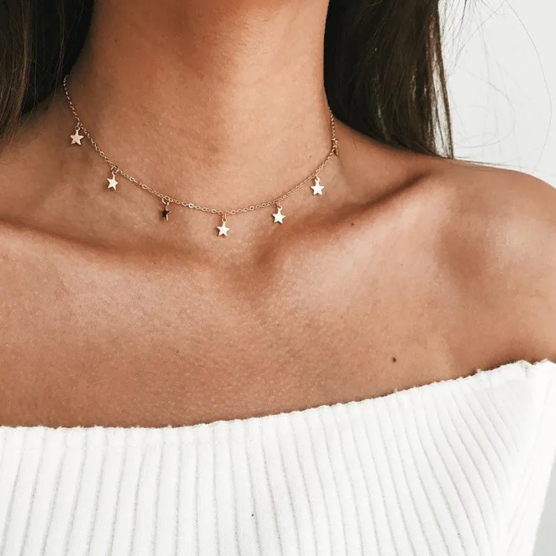 

Minimalist Star Sequins Charms Choker Stainless Steel Necklace for Women, 14k gold