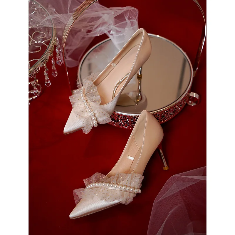 

High heels pointed Stiletto Elegant wear bridal wedding bridesmaid pearl champagne women pumps, As pictures