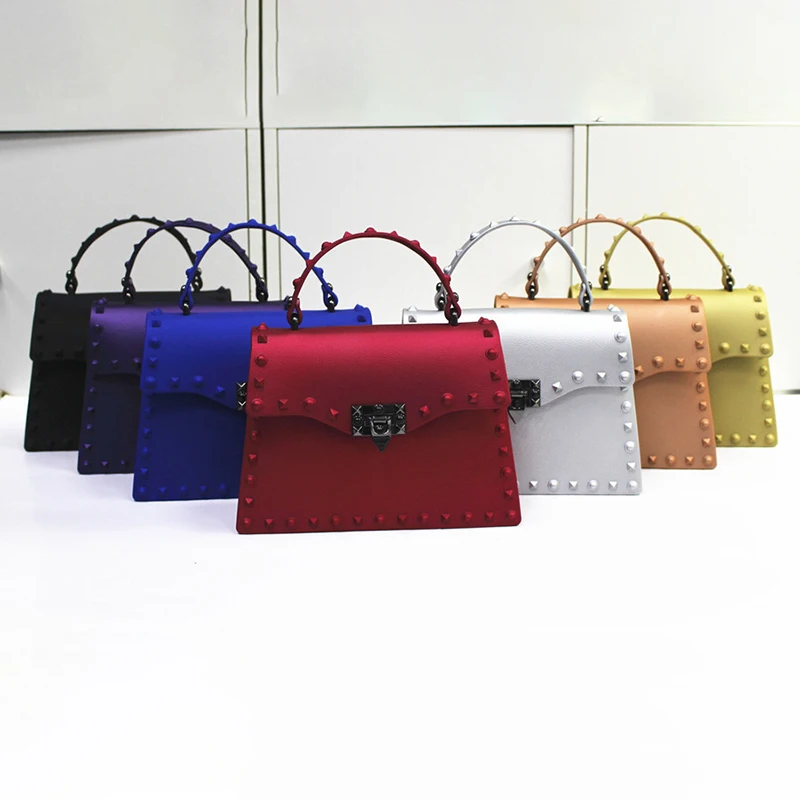 

BB302 10 colors Women Fashion Solid Purse Rivet Design Ladies Bags Pu Leather Jelly Handbags, As picture or custom