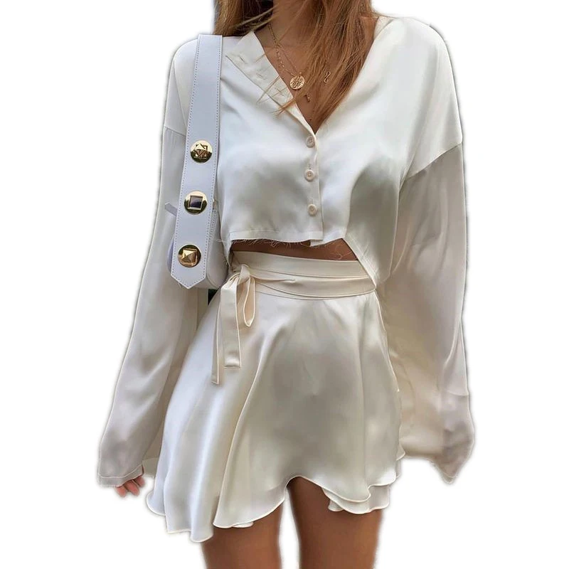 

Women's Sexy High-waist Lace-up Solid Color Irregular Polyester Short Skirt Long-sleeved Cardigan Two-piece Suit, Picture