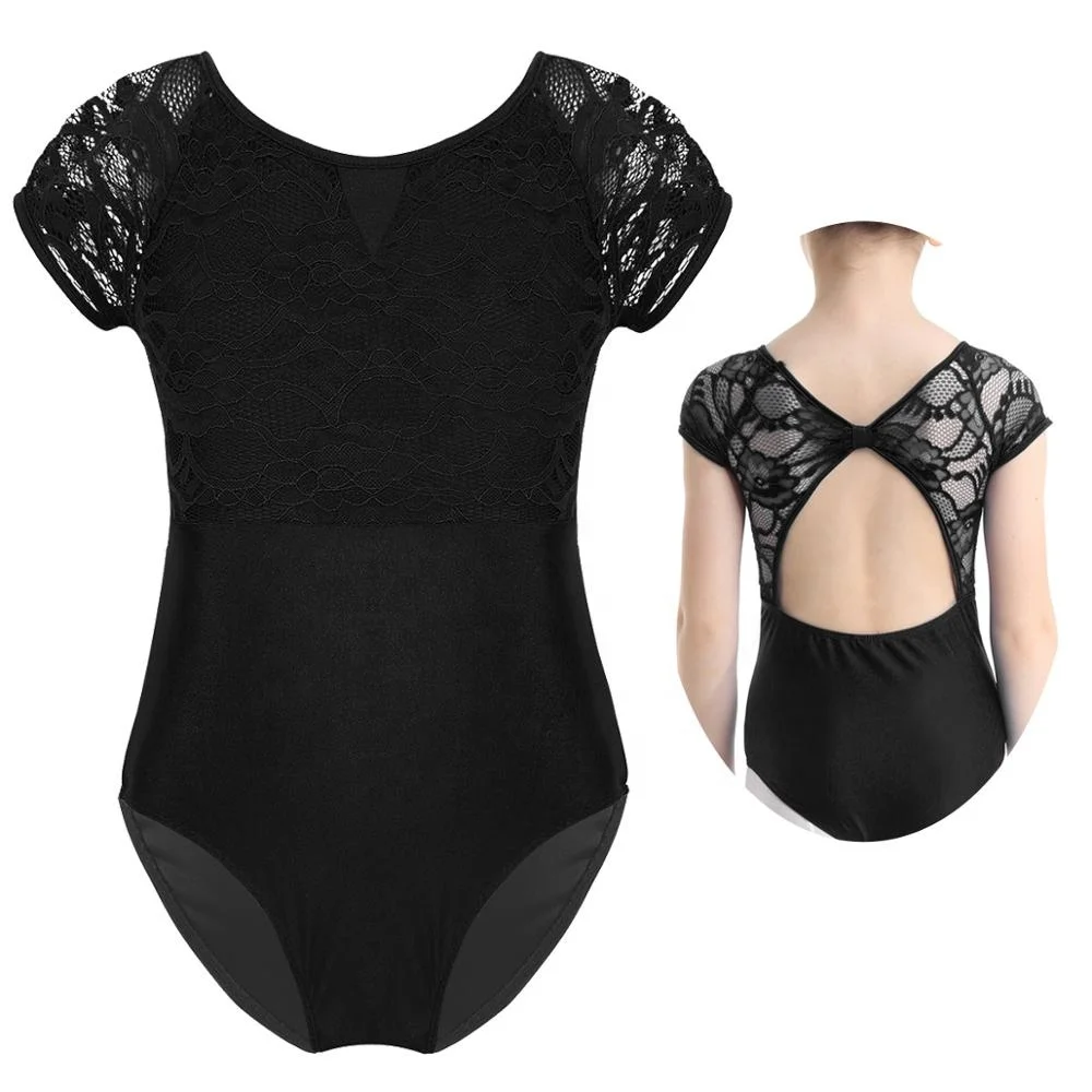 

Kids Floral Lace Hollow Back Gymnastics Leotards Short Sleeves Ballet Bodysuit Dance Jumpsuit Training Dancewear For Girls