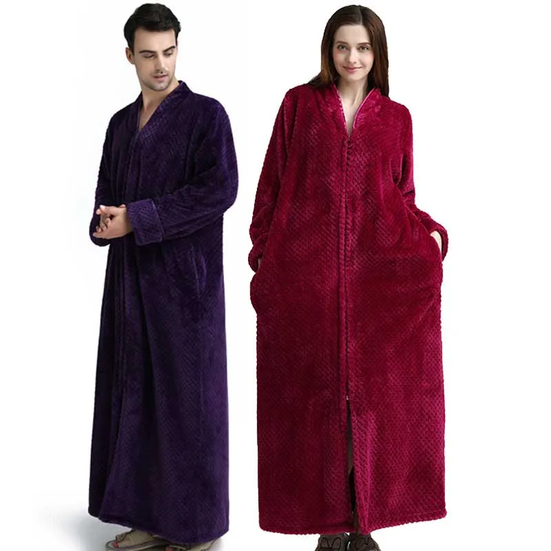 

Flannel Bath Robe Pineapple Plaid Unisex Bathrobe Winter Thicken Over Size Lovers Couples Night Gown Men Zipper Nightgown