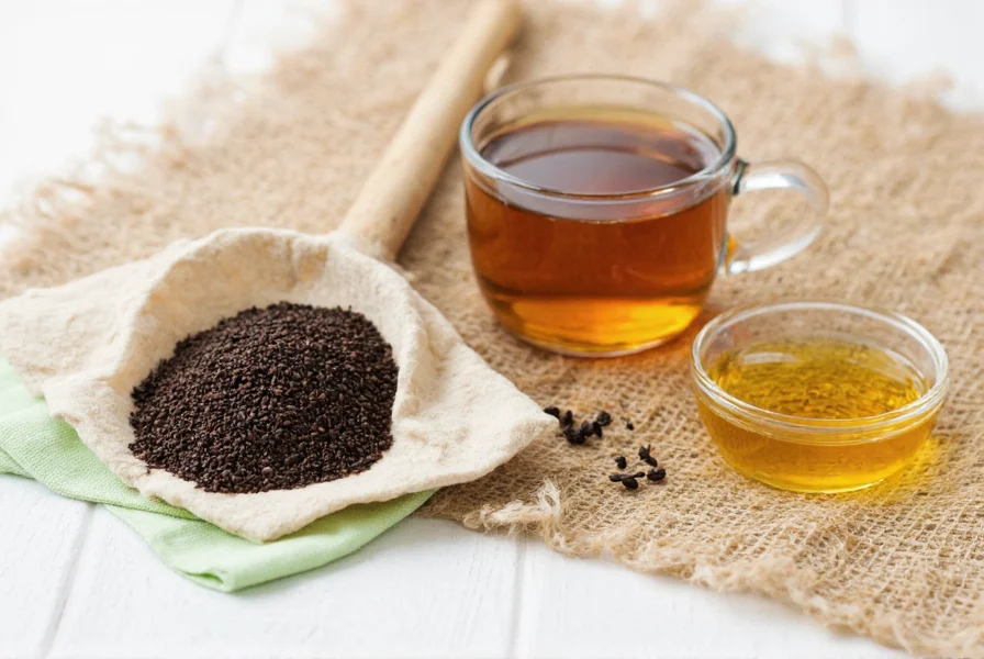 Black cumin seed oil bottle next to measuring spoon showing proper dosage
