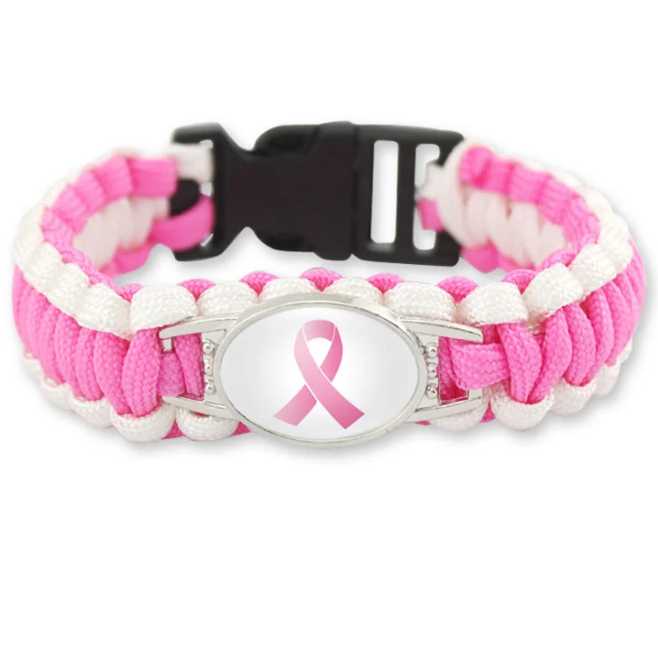

Breast Cancer Fighter Pink Yellow Ribbon Bracelet Custom Logo Seven Core Umbrella Rope Camp Sports Ribbon Bracelet, Pink, yellow, red, orange, green, purple