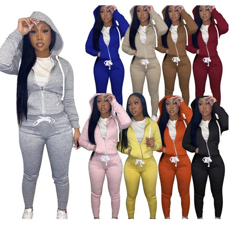 

M1152-fall 2021 women clothes ladies solid color zipper hoodie women joggers suits set, Picture shown