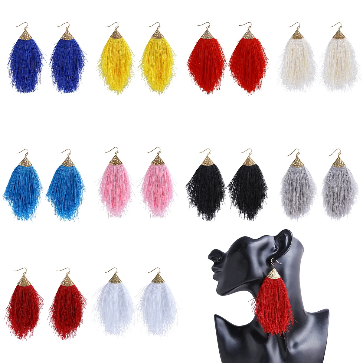 

Europe America Alloy Cotton Thread Feather Tassel Earrings Light Weight Long Feather Pendant Earrings, Colorful