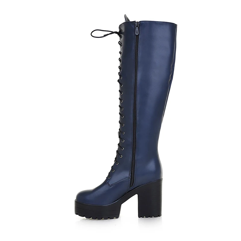 

Winter Round head waterproof platform Lace-up high heels Mrs. Fashion knee boots