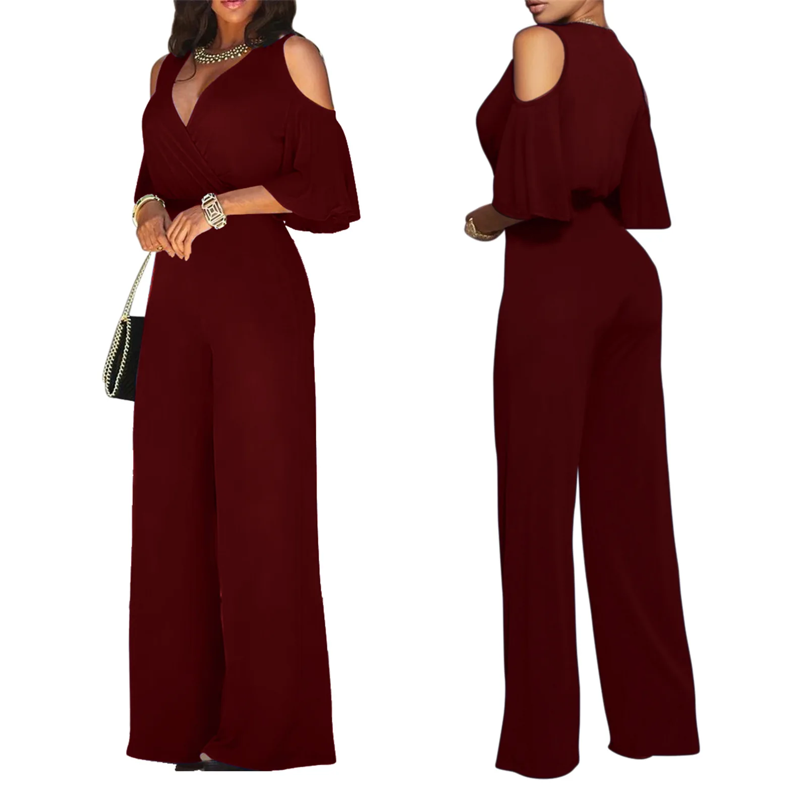 

6Colors V Neck Cut Out Sleeve Design One Piece Jumpsuit Woman - Buy Solid Color Simple Jumpsuits,Jumpsuit For Women, Picture