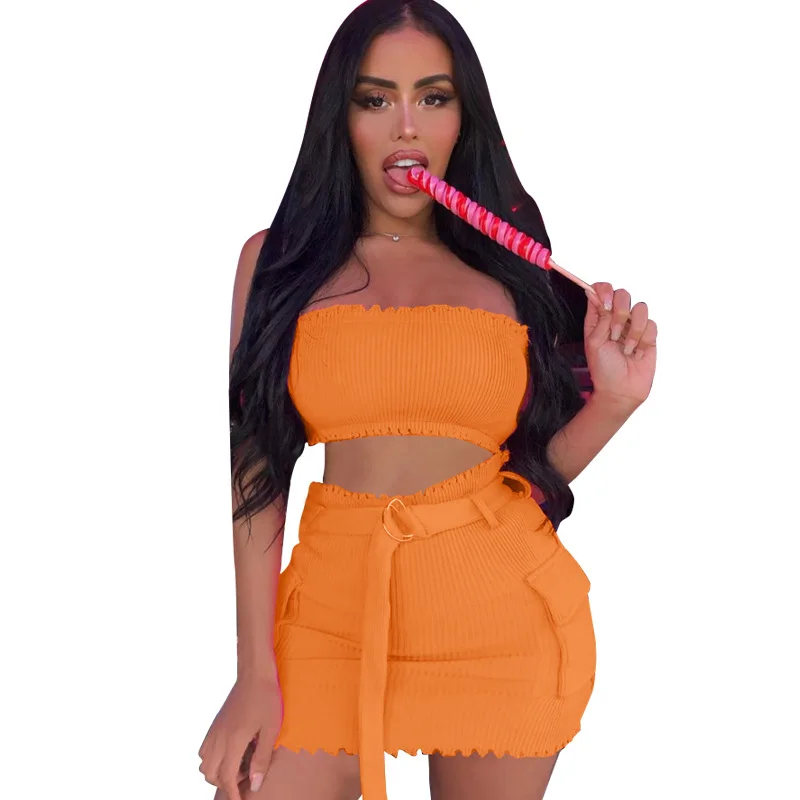 

Summer off shoulder crop top and cargo dress two piece women skirt sets 2021, Shown