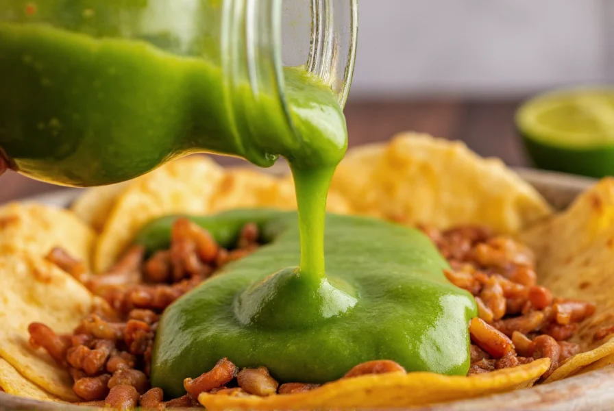Close-up of vibrant green jalapeño chili sauce being poured from a mason jar into a bowl of freshly made tacos