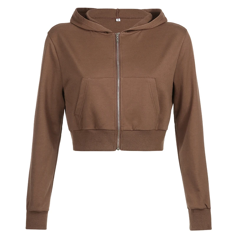 

Casual French terry Zip Up Cropped Brown Short women's hoodies Basic Pockets Jacket Solid Sweatshirts New women's hoodies, Customized color women's hoodies