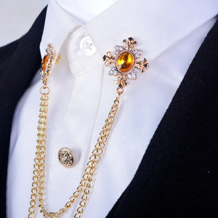 

Snowflake rhinestone lapel pin on shirt collar pin chain small men brooch, Different color