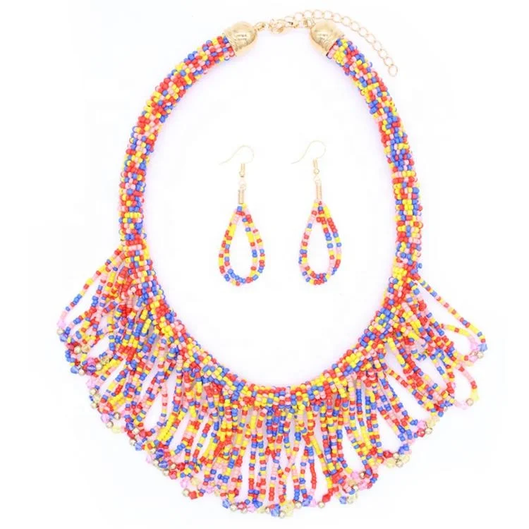 

Jachon Multicolor rice bead fringed necklace Bohemian ethnic style creative handmade necklace earring set, As picture