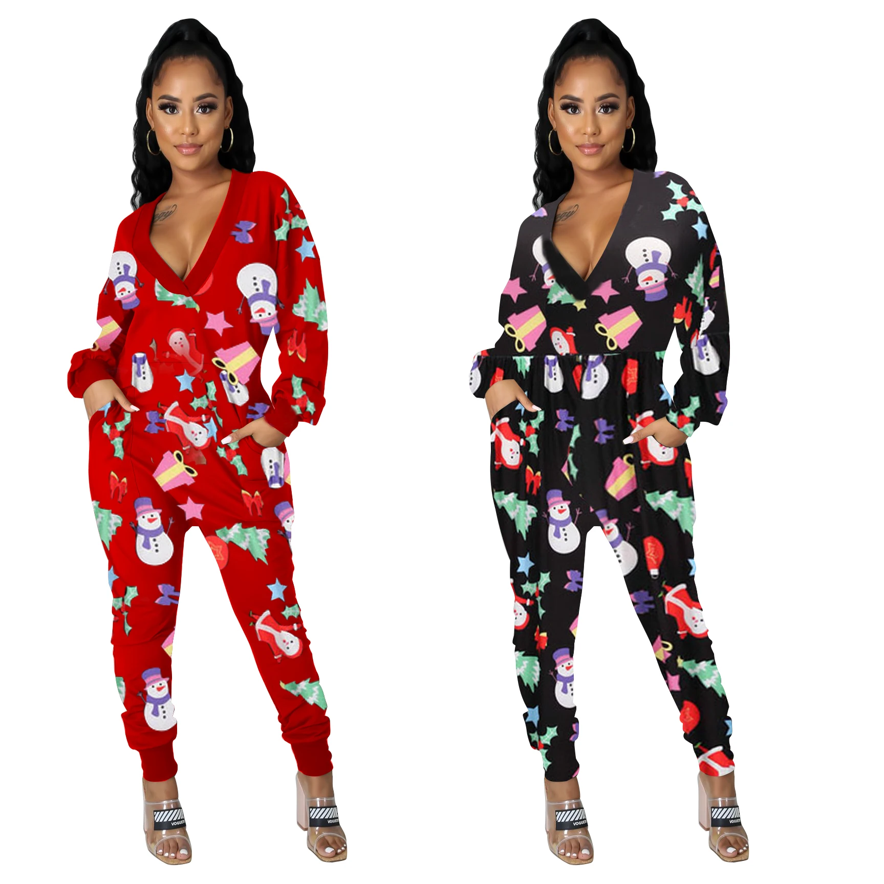 

MSL9265-Women's Hot Sale Christmas Fashion Sexy V-neck Pocket Printed One-piece Harem Pants Jumpsuit, Picture