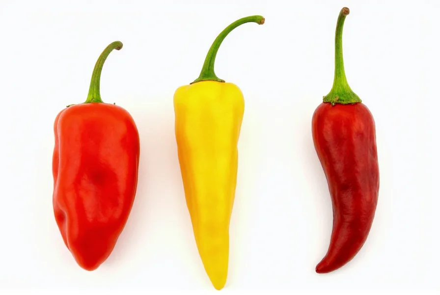 Side-by-side comparison of Carolina Reaper, Ghost Pepper, and Trinidad Scorpion peppers showing their distinctive shapes and colors