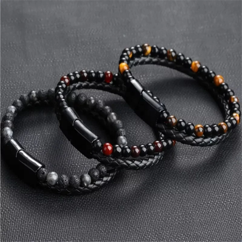 

2021 Fashion Men Jewelry Natural Stone Leather Bracelets Black Magnetic Clasp Tiger eye Bead Bracelet