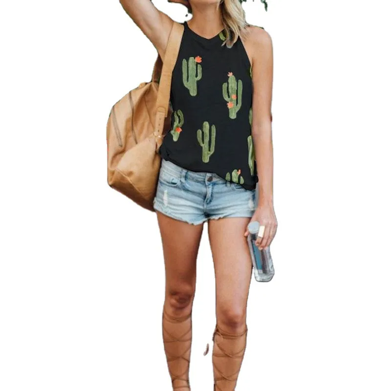 

New Summer T Shirt Women Fashion Cactus Print Sexy Sleeveless Shirt Casual Halter Tops Tees