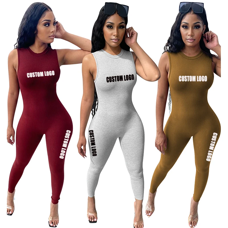 

Free ShippingWomen Bodysuit sportswear Custom logo clothing Vendors Knit Blank Fitted Sleeveless Jumpsuit one piece Jumpsuits, Customized color