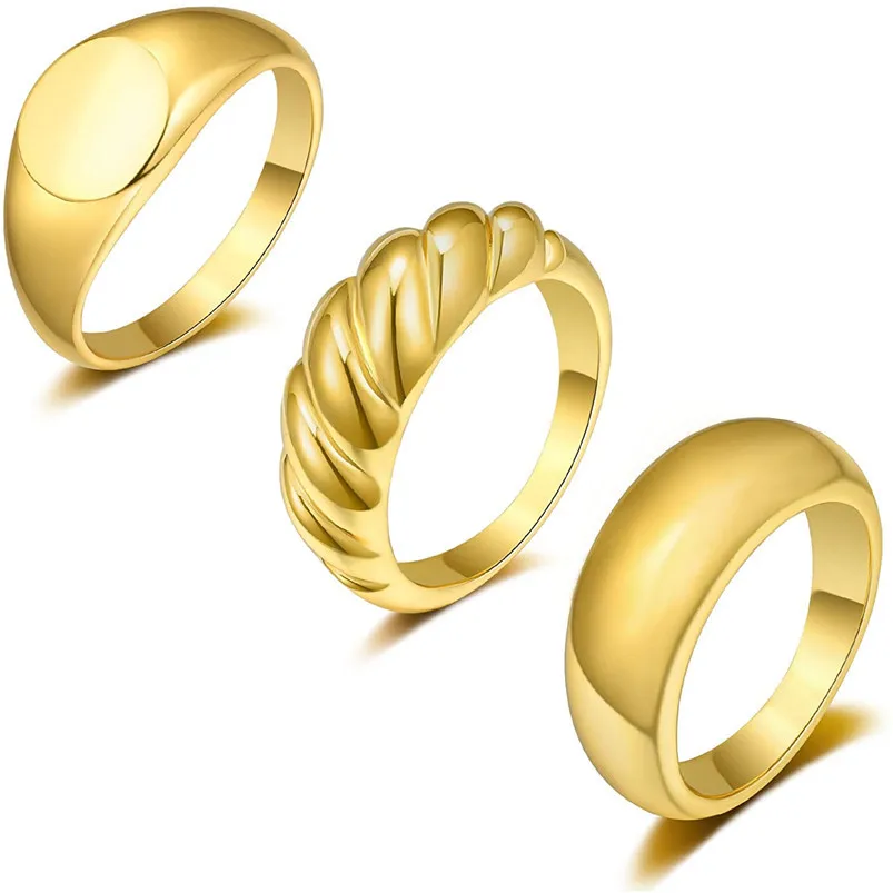 

3 Piece One Set 18K Gold Plated Copper Thick Twisted Croissant Minimalist Women Signet Chunky Dome Ring Sets Size 6 To 10