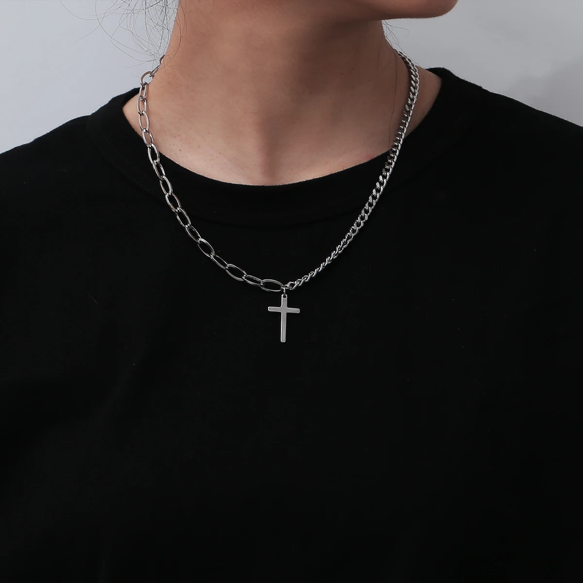 

SHIXIN Simple Silver Color Stainless Steel Mens Initial Necklace Jesus Cross Charm Pendant Necklace for Women Punk Jewelry