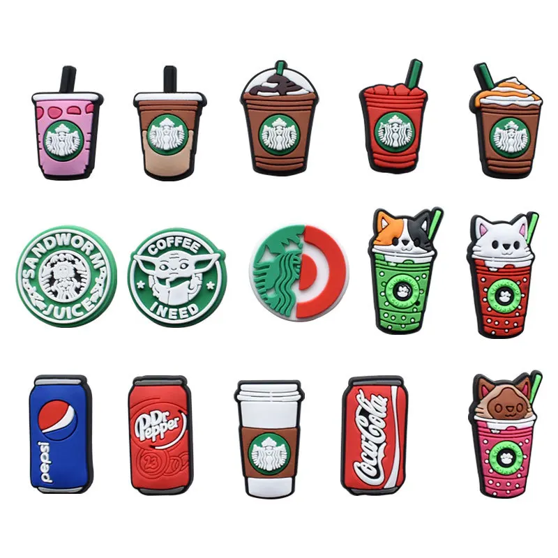 

100pcs+ wholesale popular coffee cup croc charms brand cartoon Can drinks shoe decorations for clog accessories shoe charm, As picture